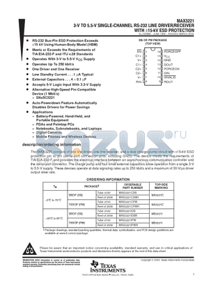 MAX3221 datasheet - 3-V TO 5.5-V SINGLE-CHANNEL RS-232 LINE DRIVER/RECEIVER WITH a15-kV ESD PROTECTION