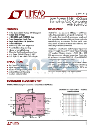 LTC1417ACGN datasheet - Low Power 14-Bit, 400ksps Sampling ADC Converter with Serial I/O