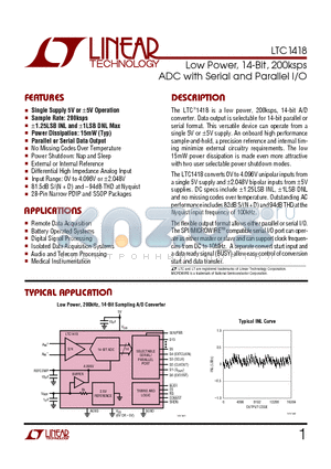 LTC1418 datasheet - Low Power, 14-Bit, 200ksps ADC with Serial and Parallel I/O