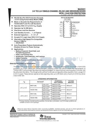 MAX3221CPW datasheet - 3-V TO 5.5-V SINGLE-CHANNEL RS-232 LINE DRIVER/RECEIVER WITH a15-kV ESD PROTECTION