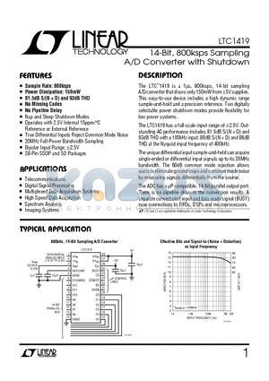 LTC1419 datasheet - 14-Bit, 800ksps Sampling A/D Converter with Shutdown