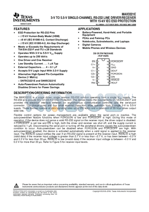 MAX3221ECDBR datasheet - 3-V TO 5.5-V SINGLE-CHANNEL RS-232 LINE DRIVER/RECEIVER WITH 15-kV IEC ESD PROTECTION