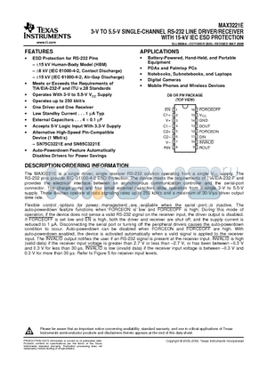 MAX3221ECDBRG4 datasheet - 3-V TO 5.5-V SINGLE-CHANNEL RS-232 LINE DRIVER/RECEIVER WITH 15-kV IEC ESD PROTECTION