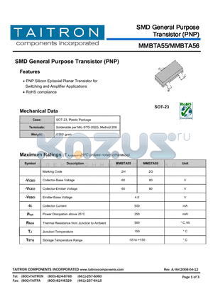 MMBTA56 datasheet - SMD General Purpose Transistor (PNP)