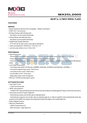 MX25L2005MC-15G datasheet - 2M-BIT [x 1] CMOS SERIAL FLASH