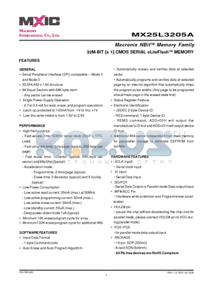 MX25L3205AMC-20 datasheet - 32M-BIT [x 1] CMOS SERIAL eLiteFlashTM MEMORY