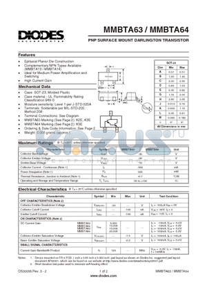 MMBTA63-7 datasheet - PNP SURFACE MOUNT DARLINGTON TRANSISTOR