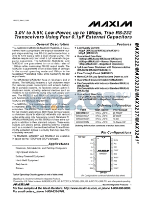 MAX3222 datasheet - 3.0V to 5.5V, Low-Power, up to 1Mbps, True RS-232 Transceivers Using Four 0.1uF External Capacitors