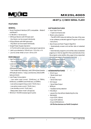 MX25L4005 datasheet - 4M-BIT [x 1] CMOS SERIAL FLASH
