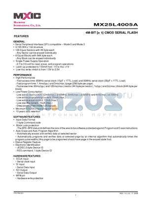 MX25L4005A datasheet - 4M-BIT [x 1] CMOS SERIAL FLASH