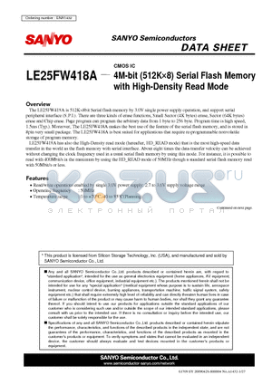 LE25FW418A datasheet - 4M-bit (512K8) Serial Flash Memory with High-Density Read Mode