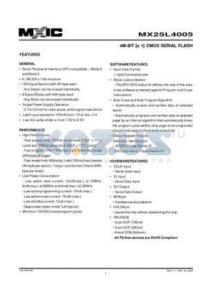 MX25L4005MC-15 datasheet - 4M-BIT [x 1] CMOS SERIAL FLASH