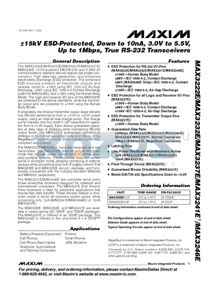 MAX3222E datasheet - a15kV ESD-Protected, Down to 10nA, 3.0V to 5.5V, Up to 1Mbps, True RS-232 Transceivers