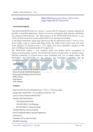 MAX3222E datasheet - High ESD-Protected, Low Power, 3.0V to 5.5V, Single Supply RS-232 Transceivers