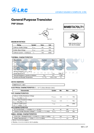 MMBTA70LT1 datasheet - General Purpose Transistor(PNP Silicon)