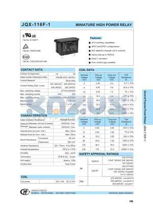 JQX-116F-1/ACDP2H datasheet - MINIATURE HIGH POWER RELAY