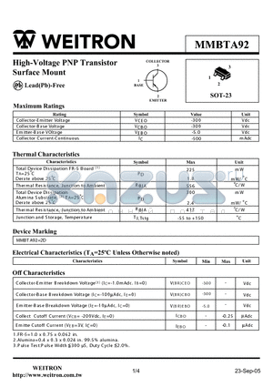 MMBTA92 datasheet - High-Voltage PNP Transistor Surface Mount