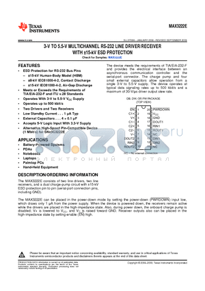 MAX3222ECPWG4 datasheet - 3-V TO 5.5-V MULTICHANNEL RS-232 LINE DRIVER/RECEIVER WITH a15-kV ESD PROTECTION