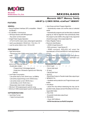 MX25L6405MC-20 datasheet - 64M-BIT [x 1] CMOS SERIAL eLiteFlashTM MEMORY