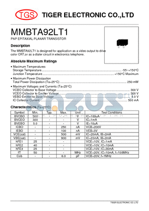 MMBTA92LT1 datasheet - PNP EPITAXIAL PLANAR TRANSISTOR
