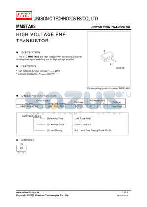 MMBTA92-AE3-R datasheet - HIGH VOLTAGE PNP TRANSISTOR