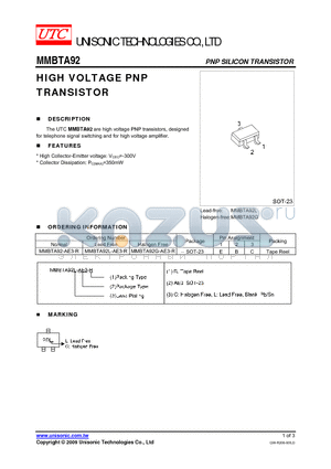 MMBTA92G-AE3-R datasheet - HIGH VOLTAGE PNP TRANSISTOR