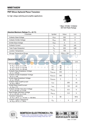 MMBTA92W datasheet - PNP Silicon Epitaxial Planar Transistor