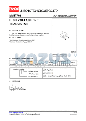 MMBTA92L-AE3-R datasheet - HIGH VOLTAGE PNP TRANSISTOR