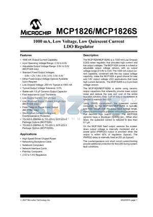 MCP1826 datasheet - 1000 mA, Low Voltage, Low Quiescent Current LDO Regulator