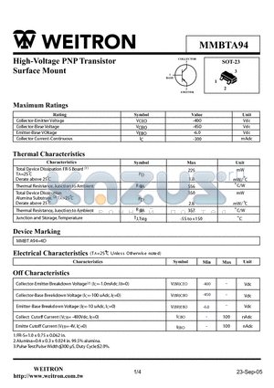 MMBTA94 datasheet - High-Voltage PNP Transistor Surface Mount