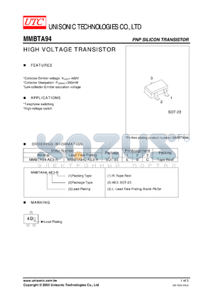MMBTA94 datasheet - HIGH VOLTAGE TRANSISTOR
