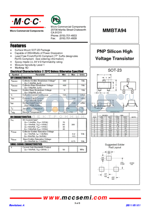 MMBTA94 datasheet - PNP Silicon High Voltage Transistor