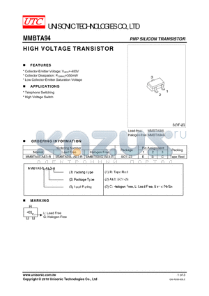 MMBTA94G-AE3-R datasheet - HIGH VOLTAGE TRANSISTOR