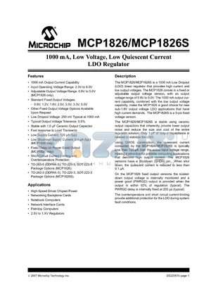 MCP1826-5002E/AT datasheet - 1000 mA, Low Voltage, Low Quiescent Current LDO Regulator