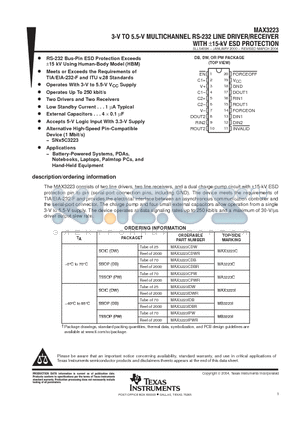 MAX3223CDB datasheet - 3-V TO 5.5-V MULTICHANNEL RS-232 LINE DRIVER/RECEIVER WITH /-15k-V ESD PROTECTION