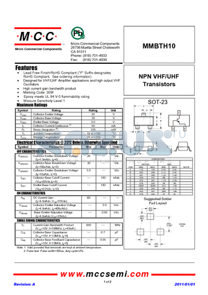 MMBTH10 datasheet - NPN VHF/UHF Transistors