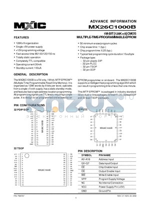 MX26C1000BMI-10 datasheet - 1M-BIT [128K x 8] CMOS MULTIPLE-TIME-PROGRAMMABLE-EPROM