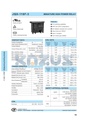 JQX-116F-3/006DA1HNILFW datasheet - MINIATURE HIGH POWER RELAY