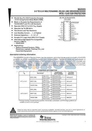 MAX3223CDW datasheet - 3-V TO 5.5-V MULTICHANNEL RS-232 LINE DRIVER/RECEIVER WITH /-15k-V ESD PROTECTION