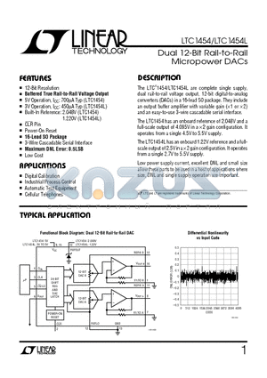 LTC1454 datasheet - Dual 12-Bit Rail-to-Rail Micropower DACs