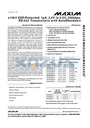 MAX3223EEPP datasheet - a15kV ESD-Protected, 1uA, 3.0V to 5.5V, 250kbps, RS-232 Transceivers with AutoShutdown