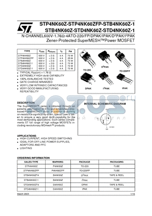 P4NK60ZFP datasheet - N-CHANNEL600V-1.76ohm-4ATO-220/FP/DPAK/IPAK/D2PAK/I2PAK Zener-Protected SuperMESHPower MOSFET