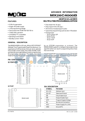 MX26C4000BMC-10 datasheet - 4M-BIT [512K x 8] CMOS MULTIPLE-TIME-PROGRAMMABLE-EPROM