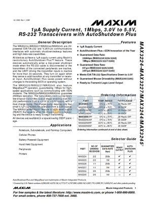 MAX3224 datasheet - 1uA Supply Current, 1Mbps, 3.0V to 5.5V, RS-232 Transceivers with AutoShutdown Plus