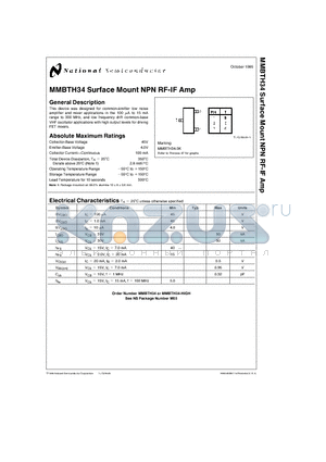 MMBTH34 datasheet - MMBTH34 Surface Mount NPN RF-IF Amp