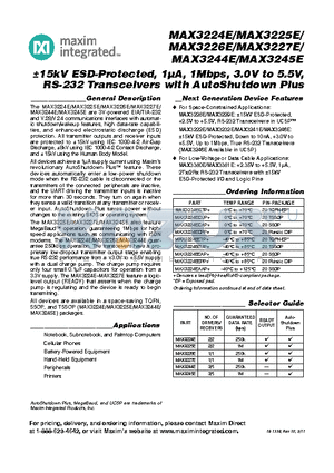 MAX3224EEPP datasheet - a15kV ESD-Protected, 1uA, 1Mbps, 3.0V to 5.5V, RS-232 Transceivers with AutoShutdown Plus