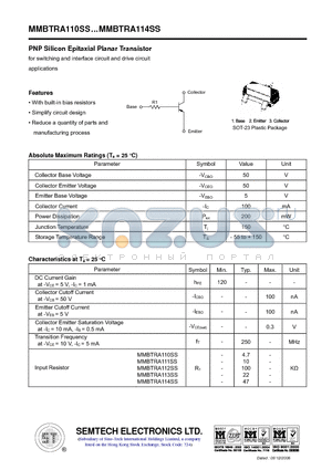 MMBTRA114SS datasheet - PNP Silicon Epitaxial Planar Transistor