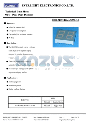 ELD-511SURWA-S530-A3 datasheet - 0.56 inch Dual Digit Displays