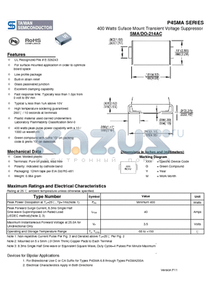 P4SMA10A datasheet - 400 Watts Suface Mount Transient Voltage Suppressor