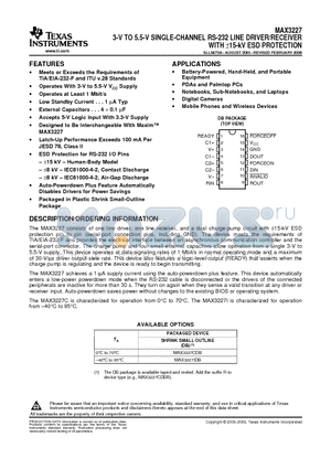 MAX3227CDBR datasheet - 3-V TO 5.5-V SINGLE-CHANNEL RS-232 LINE DRIVER/RECEIVER WITH a15-kV ESD PROTECTION